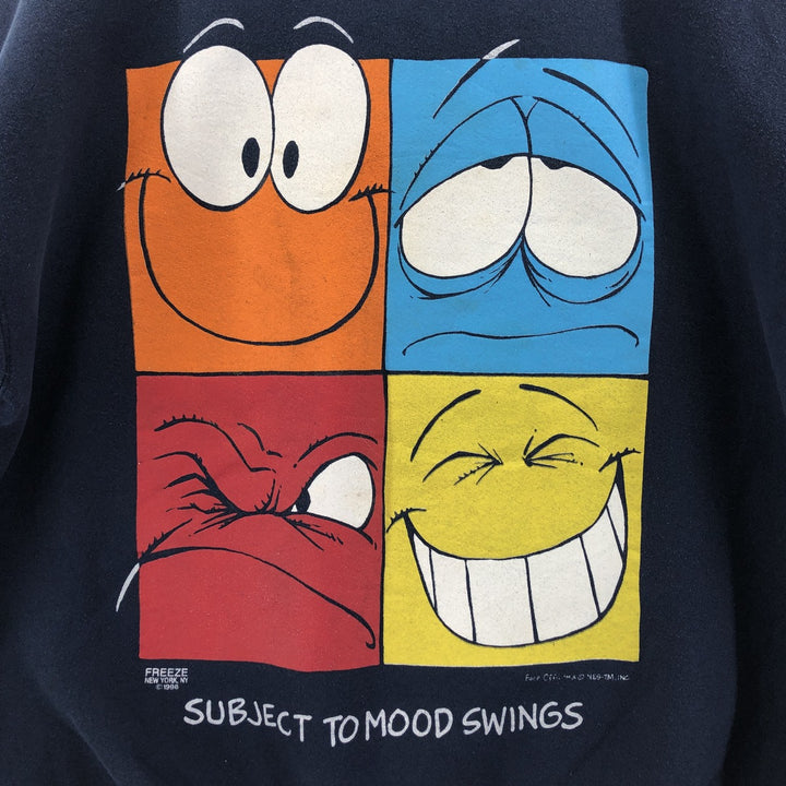 90'S Fruit of the Loom SUBJECT TO MOOD SWINGS Character Sweatshirt Trainer Made in USA Men's XL cotton navy blue type Vintage Second Hand