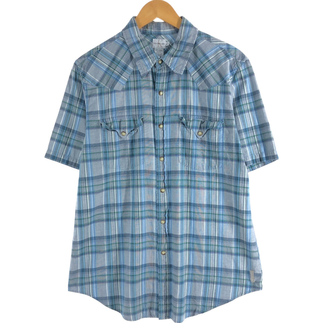 90s-00'S Calvin Klein JEANS Check Pattern Short Sleeve Western Shirt Men's L size cotton blue type Vintage Second Hand