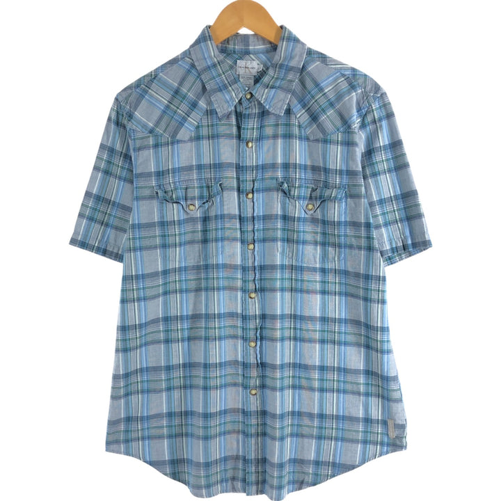 90s-00'S Calvin Klein JEANS Check Pattern Short Sleeve Western Shirt Men's L size cotton blue type Vintage Second Hand