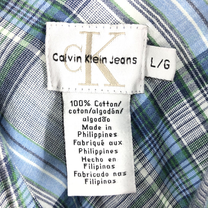 90s-00'S Calvin Klein JEANS Check Pattern Short Sleeve Western Shirt Men's L size cotton blue type Vintage Second Hand