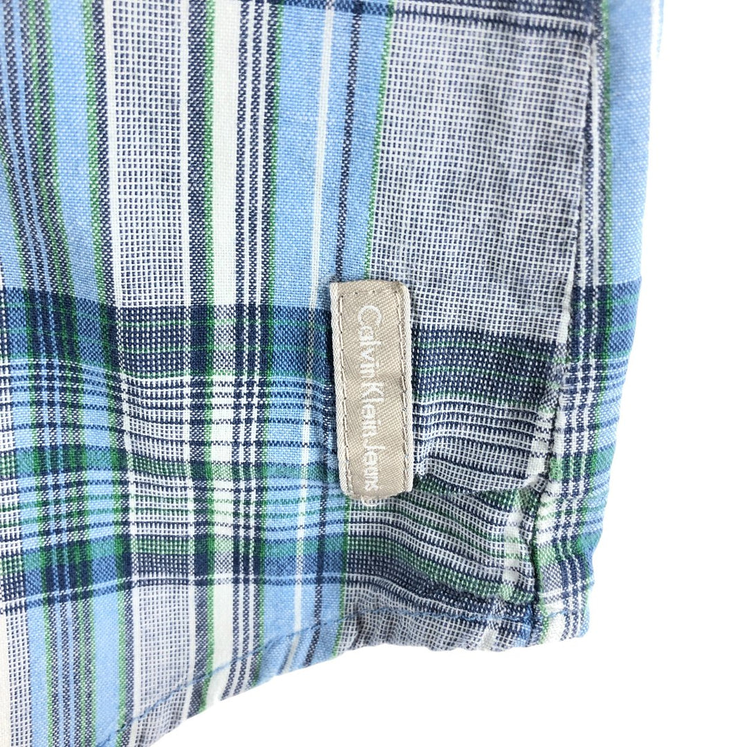 90s-00'S Calvin Klein JEANS Check Pattern Short Sleeve Western Shirt Men's L size cotton blue type Vintage Second Hand