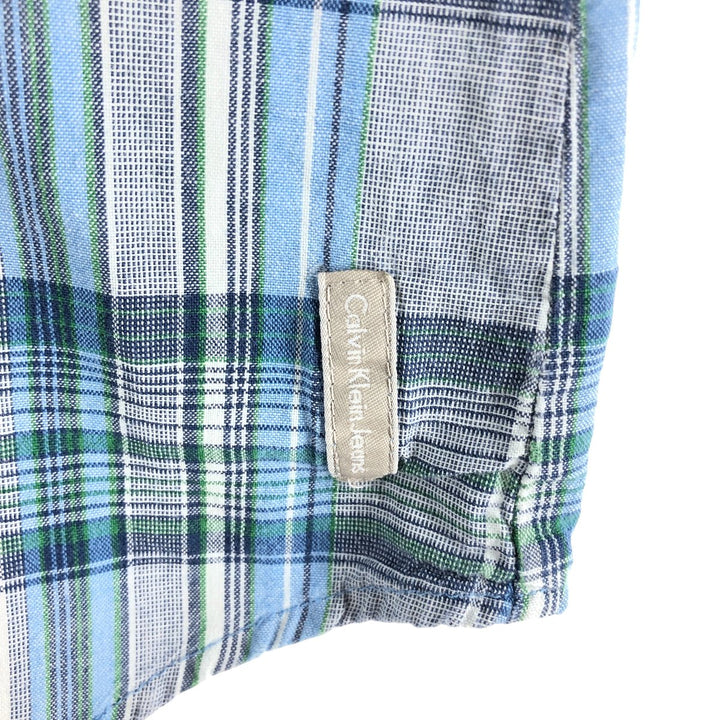 90s-00'S Calvin Klein JEANS Check Pattern Short Sleeve Western Shirt Men's L size cotton blue type Vintage Second Hand