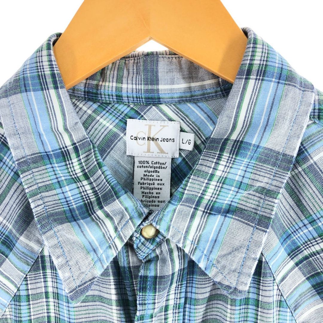 90s-00'S Calvin Klein JEANS Check Pattern Short Sleeve Western Shirt Men's L size cotton blue type Vintage Second Hand