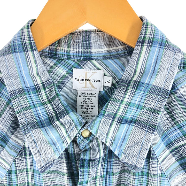 90s-00'S Calvin Klein JEANS Check Pattern Short Sleeve Western Shirt Men's L size cotton blue type Vintage Second Hand
