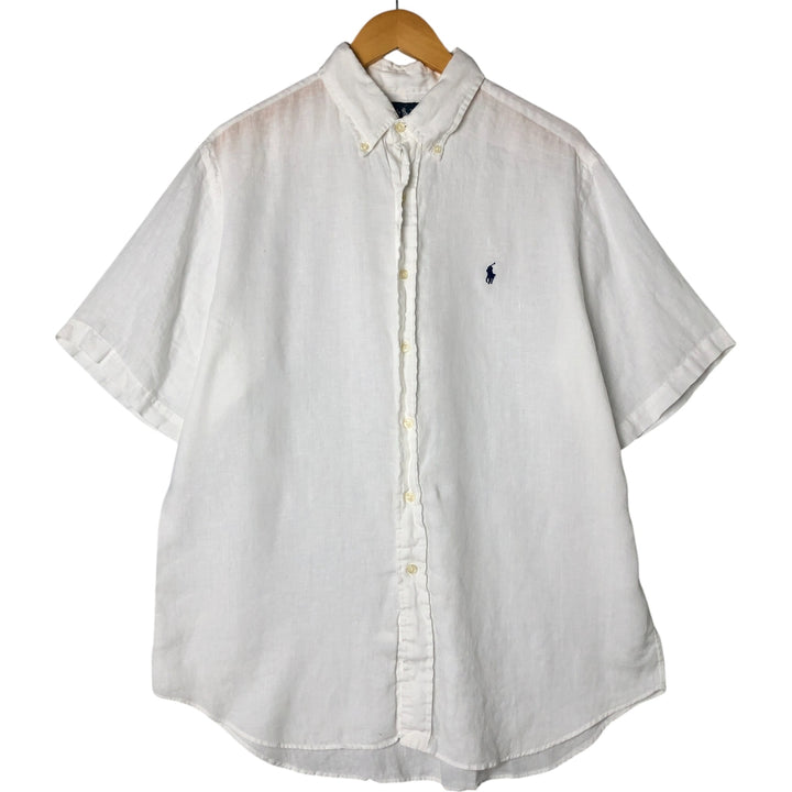 Ralph Lauren Classic Fit short sleeve linen button down shirt, men's size L linen white type Vintage Second Hand