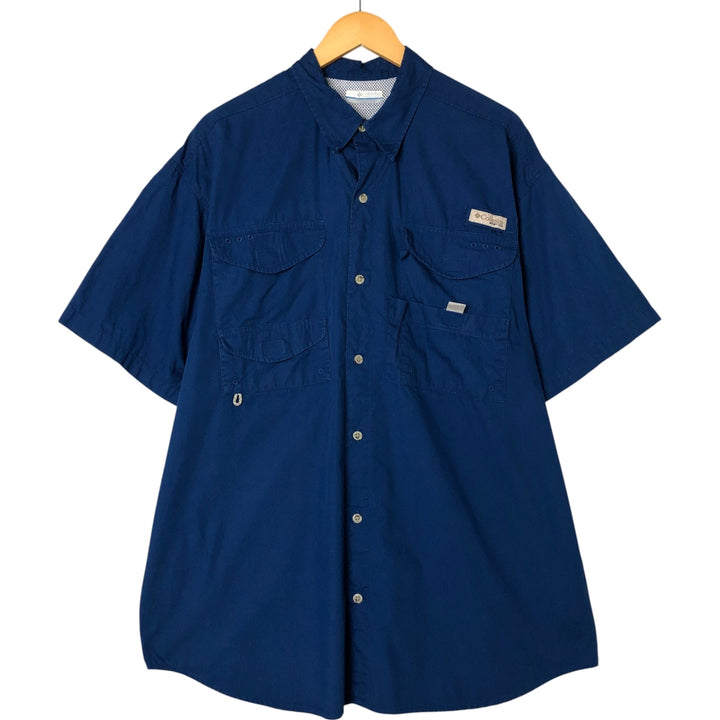 Columbia PFG Hidden Button Down Short Sleeve Fishing Shirt, Men's L Size cotton navy blue type Vintage Second Hand