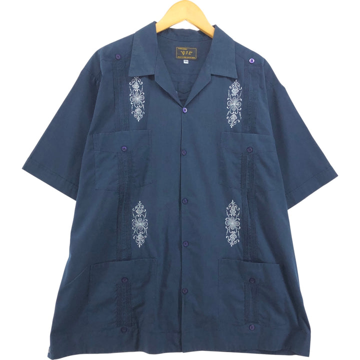 GJL Embroidered Short Sleeve Open Collar Mexican Shirt Cuban Shirt Box Shirt Men's XL Size unclear navy blue type Vintage Second Hand