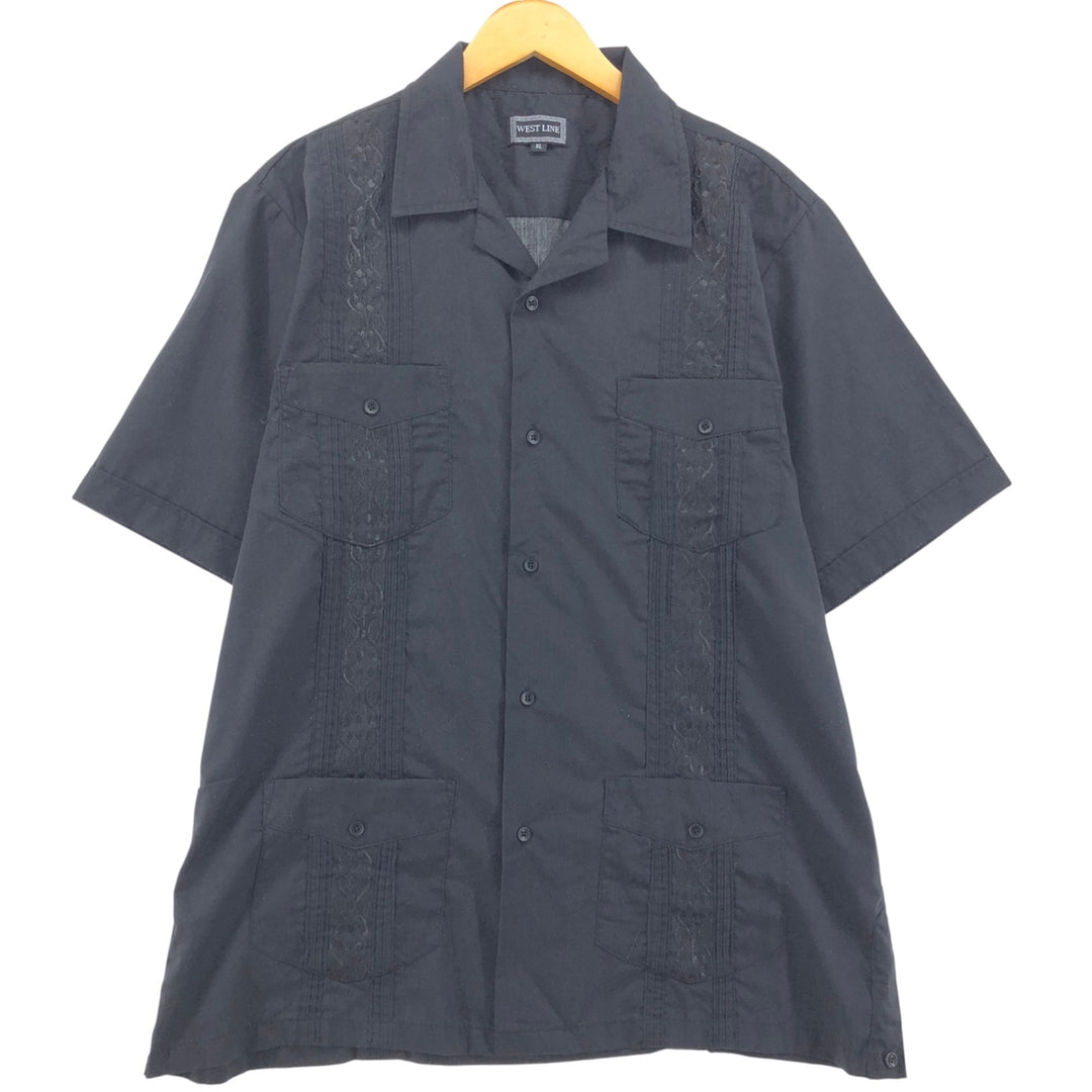 WEST LINE Short Sleeve Open Collar Mexican Shirt Cuban Shirt Box Shirt Men's XL Size polyester black type Vintage Second Hand