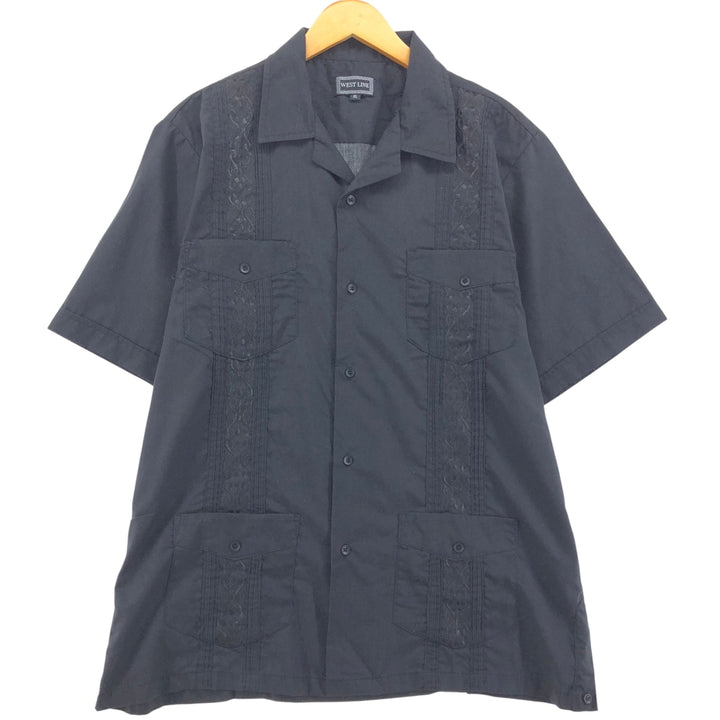 WEST LINE Short Sleeve Open Collar Mexican Shirt Cuban Shirt Box Shirt Men's XL Size polyester black type Vintage Second Hand