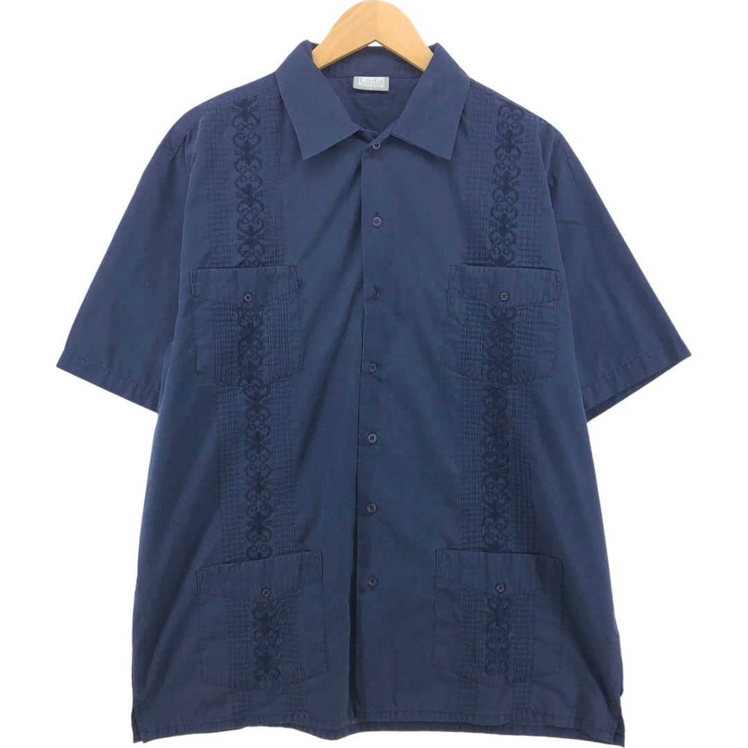 LADA Short Sleeve Mexican Shirt, Cuban Shirt, Box Shirt, Men's Size L polyester navy blue type Vintage Second Hand