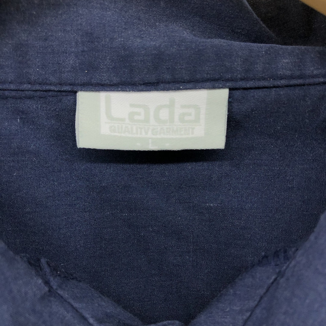 LADA Short Sleeve Mexican Shirt, Cuban Shirt, Box Shirt, Men's Size L polyester navy blue type Vintage Second Hand