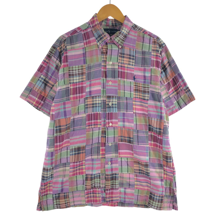 Ralph Lauren ANDY CAMP patchwork short sleeve button down check shirt men's M size cotton purple type Vintage Second Hand