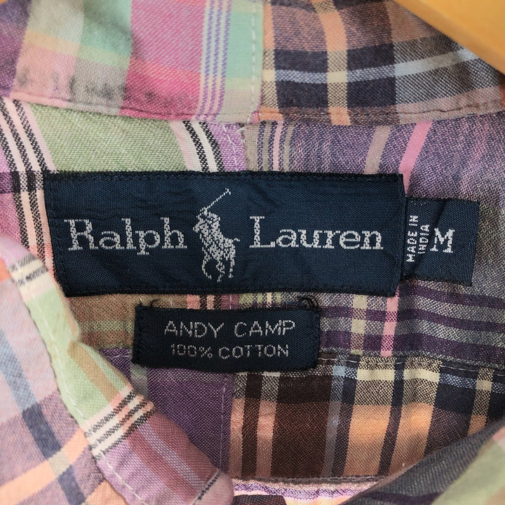 Ralph Lauren ANDY CAMP patchwork short sleeve button down check shirt men's M size cotton purple type Vintage Second Hand