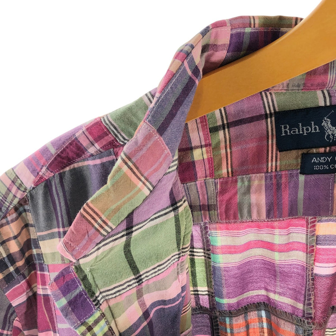 Ralph Lauren ANDY CAMP patchwork short sleeve button down check shirt men's M size cotton purple type Vintage Second Hand