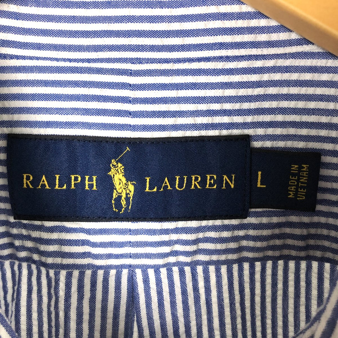 Ralph Lauren Seersucker Short Sleeve Button-Down Striped Shirt, Men's Size L, Seersucker cotton white type Vintage Second Hand