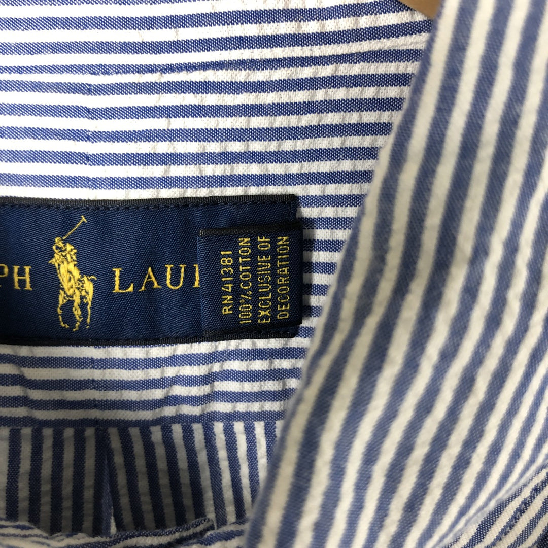 Ralph Lauren Seersucker Short Sleeve Button-Down Striped Shirt, Men's Size L, Seersucker cotton white type Vintage Second Hand