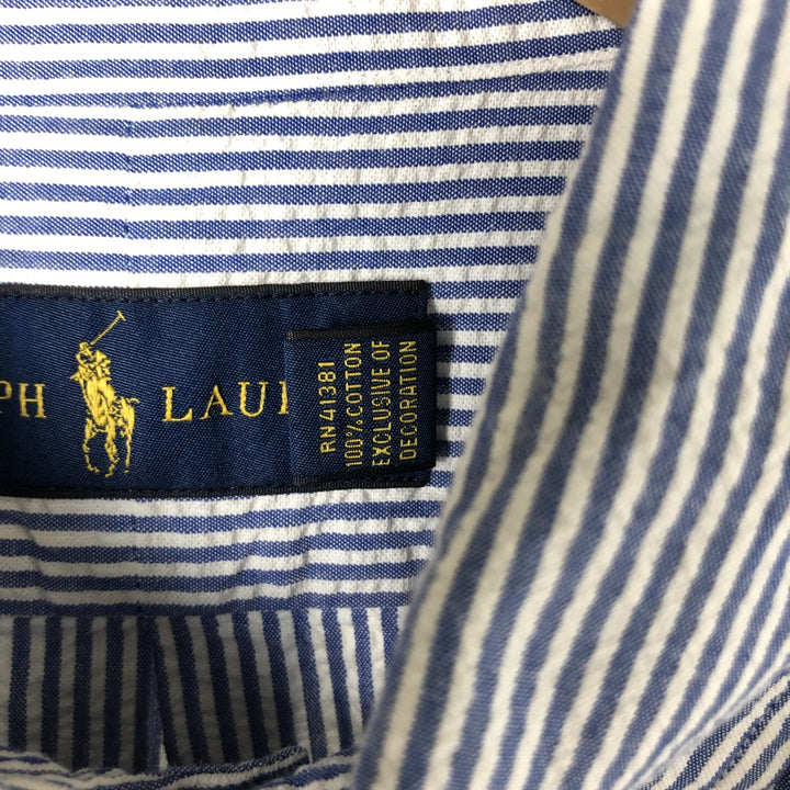 Ralph Lauren Seersucker Short Sleeve Button-Down Striped Shirt, Men's Size L, Seersucker cotton white type Vintage Second Hand