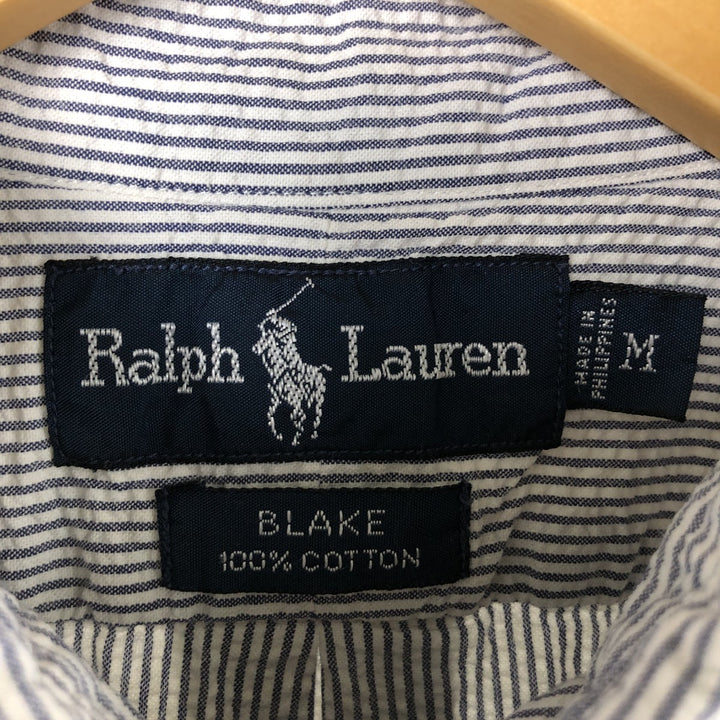 Ralph Lauren BLAKE Seersucker Short Sleeve Button-Down Striped Shirt, Men's M cotton white type Vintage Second Hand
