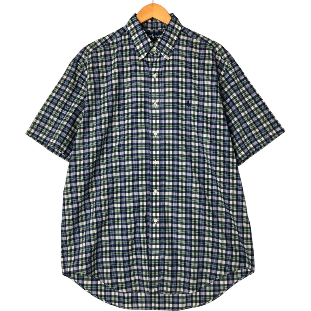 Ralph Lauren BLAKE short sleeve button down check shirt, men's size M cotton navy blue type Vintage Second Hand