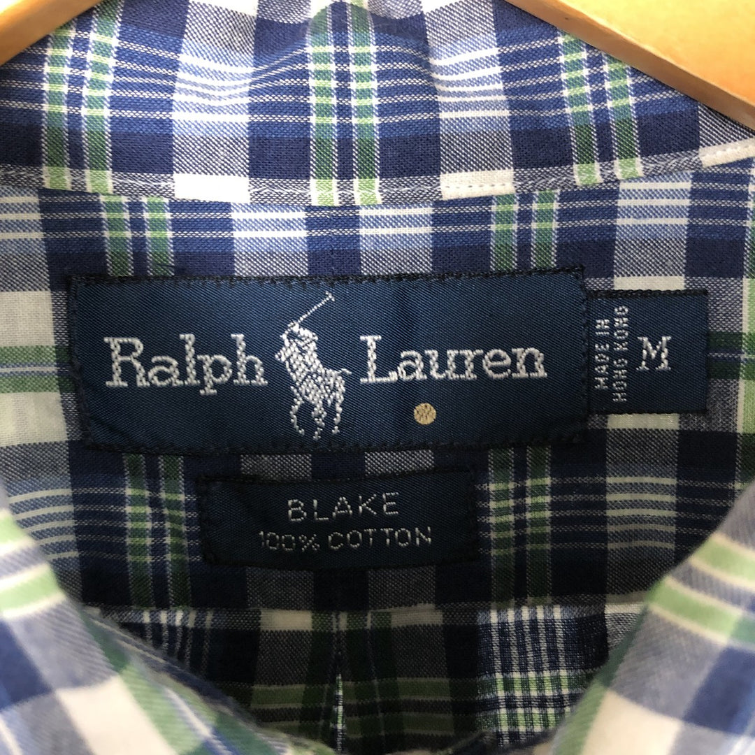 Ralph Lauren BLAKE short sleeve button down check shirt, men's size M cotton navy blue type Vintage Second Hand