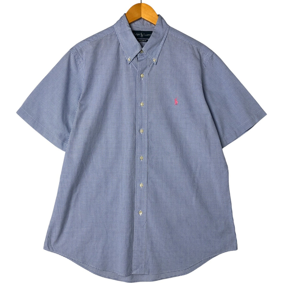 Ralph Lauren CUSTOM FIT Gingham Check Short Sleeve Button Down Check Shirt Men's L size cotton Blue type light blue Vintage Second Hand