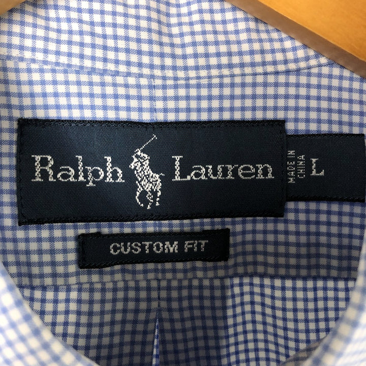 Ralph Lauren CUSTOM FIT Gingham Check Short Sleeve Button Down Check Shirt Men's L size cotton Blue type light blue Vintage Second Hand