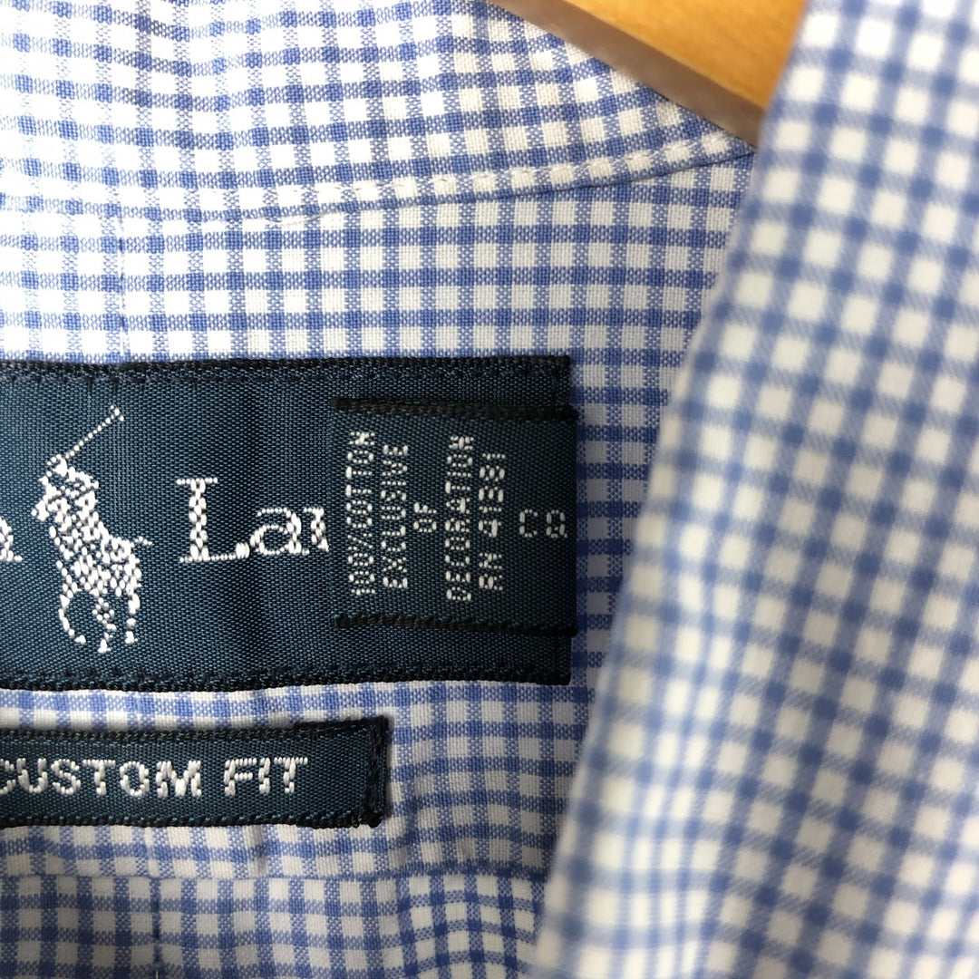 Ralph Lauren CUSTOM FIT Gingham Check Short Sleeve Button Down Check Shirt Men's L size cotton Blue type light blue Vintage Second Hand