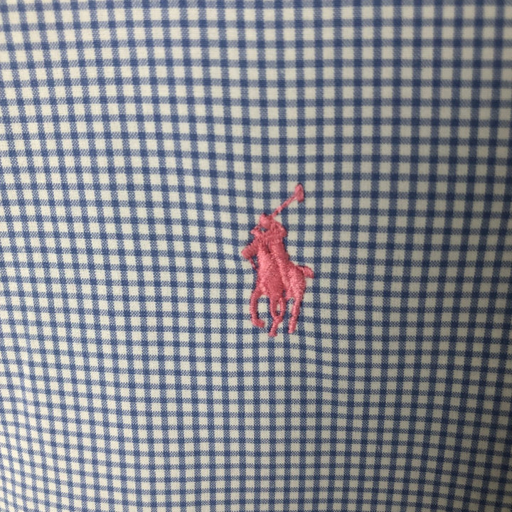 Ralph Lauren CUSTOM FIT Gingham Check Short Sleeve Button Down Check Shirt Men's L size cotton Blue type light blue Vintage Second Hand