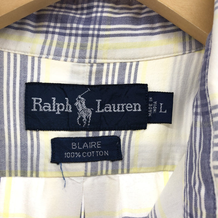 Ralph Lauren BLAIRE short sleeve button down check shirt, men's size L cotton white type Vintage Second Hand