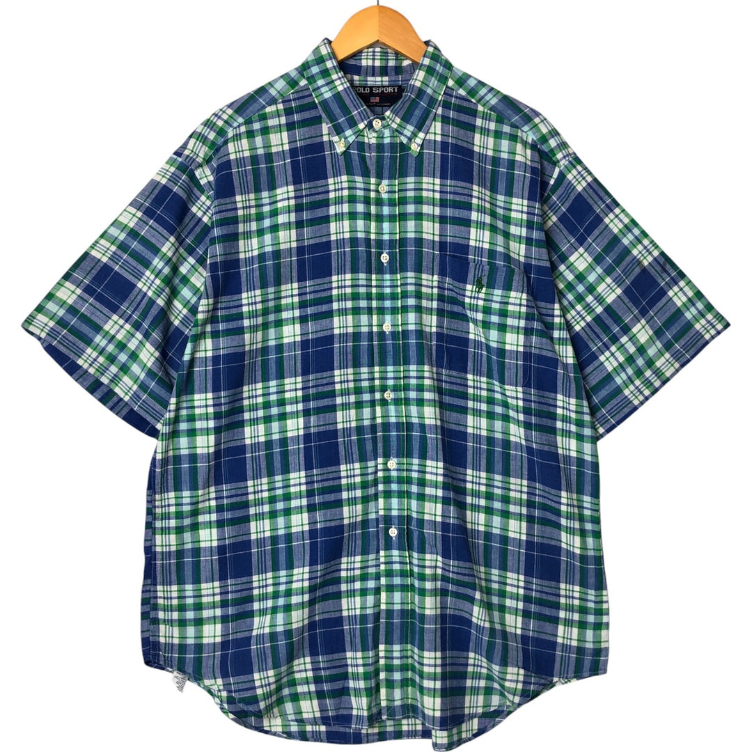 90'S Ralph Lauren POLO SPORT short sleeve button down check shirt made in Canada men's size L cotton blue type Vintage Second Hand