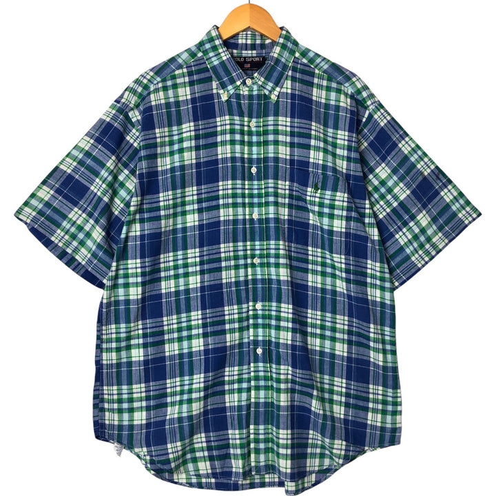 90'S Ralph Lauren POLO SPORT short sleeve button down check shirt made in Canada men's size L cotton blue type Vintage Second Hand