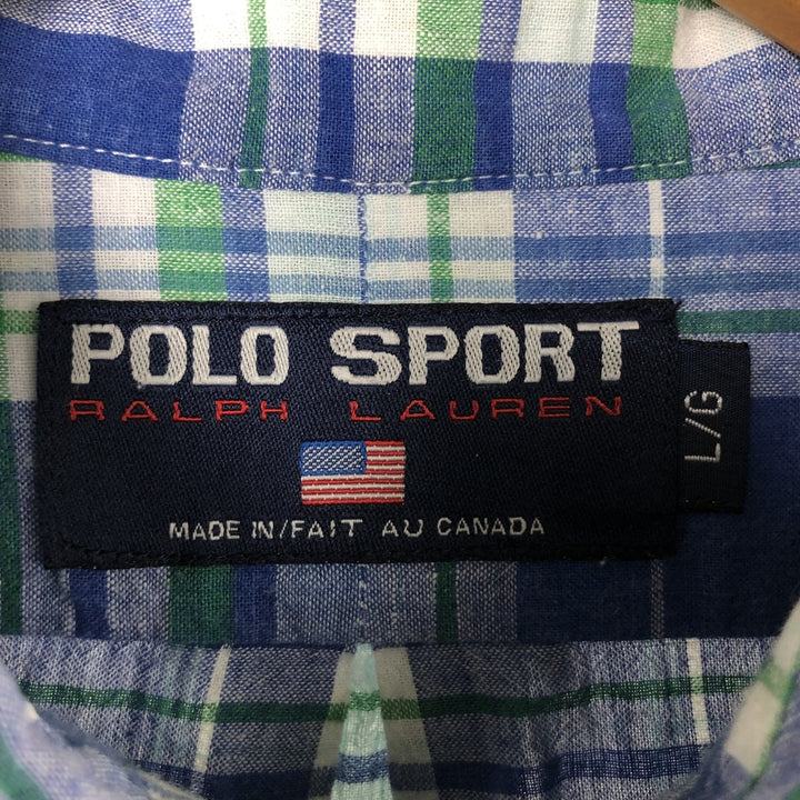 90'S Ralph Lauren POLO SPORT short sleeve button down check shirt made in Canada men's size L cotton blue type Vintage Second Hand