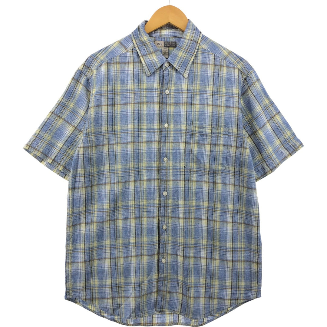 JOSEPH ABBOUD Check Pattern Short Sleeve Rayon x Linen Shirt Men's M linen Blue type light blue Vintage Second Hand