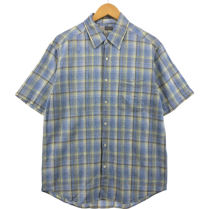 JOSEPH ABBOUD Check Pattern Short Sleeve Rayon x Linen Shirt Men's M linen Blue type light blue Vintage Second Hand