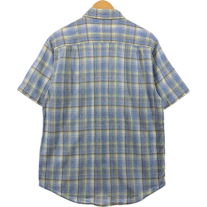 JOSEPH ABBOUD Check Pattern Short Sleeve Rayon x Linen Shirt Men's M linen Blue type light blue Vintage Second Hand