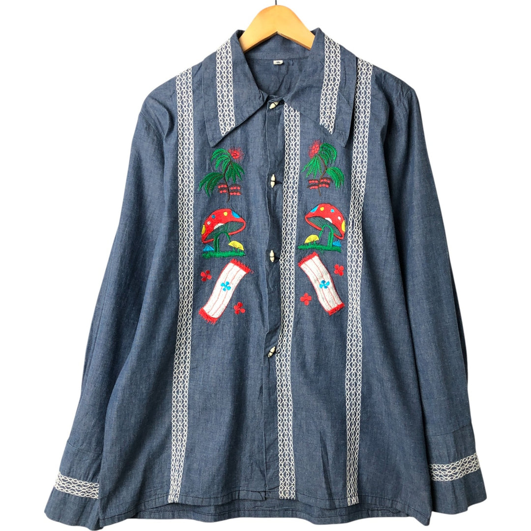 Long sleeve denim shirt, Mexican shirt, men's size M unclear blue type Vintage Second Hand