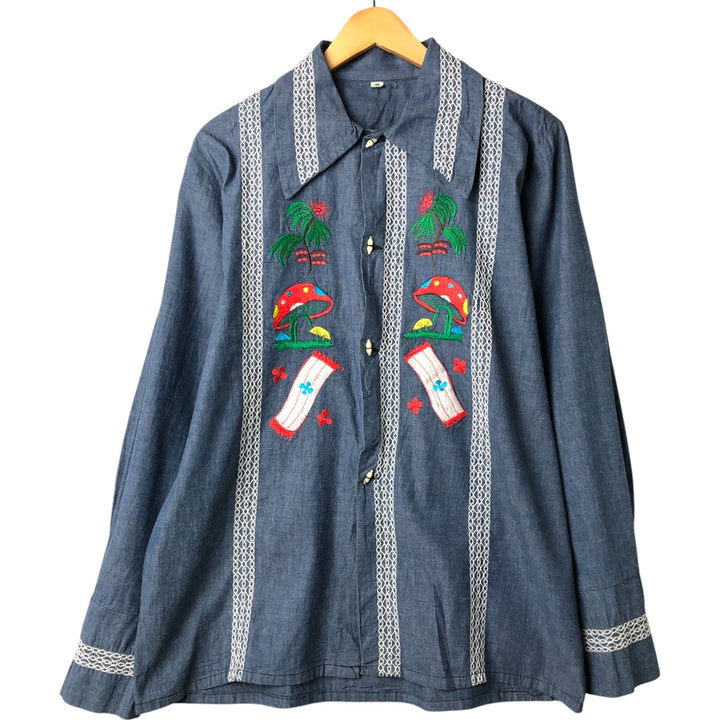 Long sleeve denim shirt, Mexican shirt, men's size M unclear blue type Vintage Second Hand