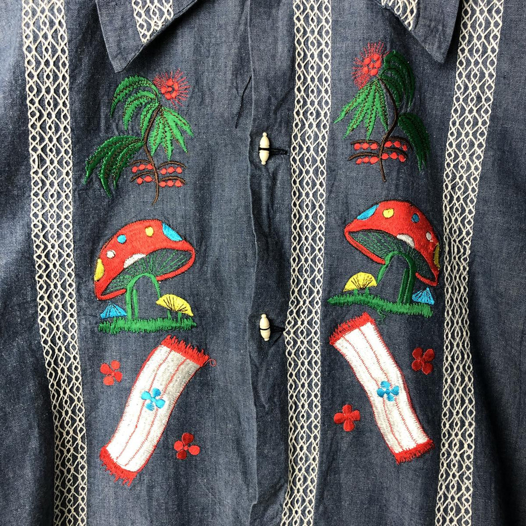 Long sleeve denim shirt, Mexican shirt, men's size M unclear blue type Vintage Second Hand