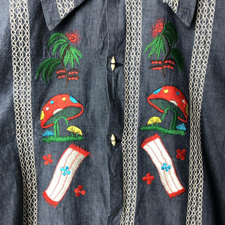 Long sleeve denim shirt, Mexican shirt, men's size M unclear blue type Vintage Second Hand