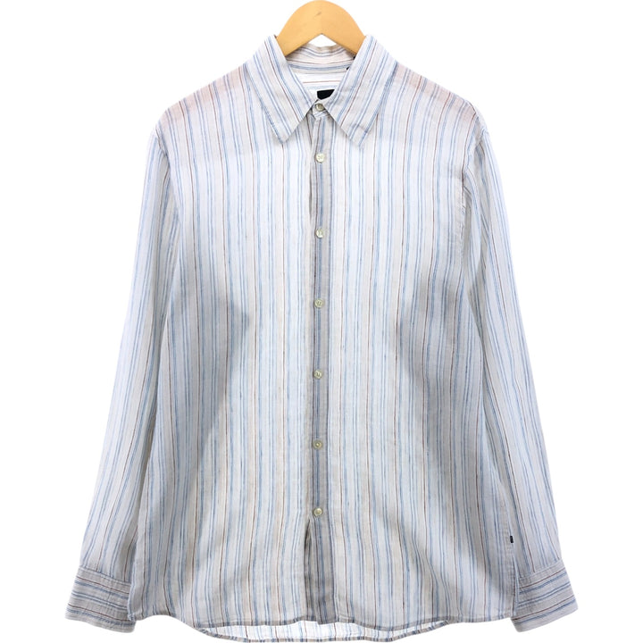 Hugo Boss HUGO BOSS Stripe Pattern Long Sleeve Linen Shirt Men's Size L linen beige type brown Vintage Second Hand