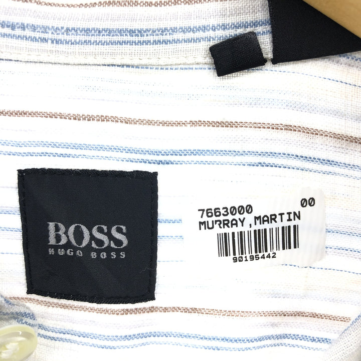 Hugo Boss HUGO BOSS Stripe Pattern Long Sleeve Linen Shirt Men's Size L linen beige type brown Vintage Second Hand