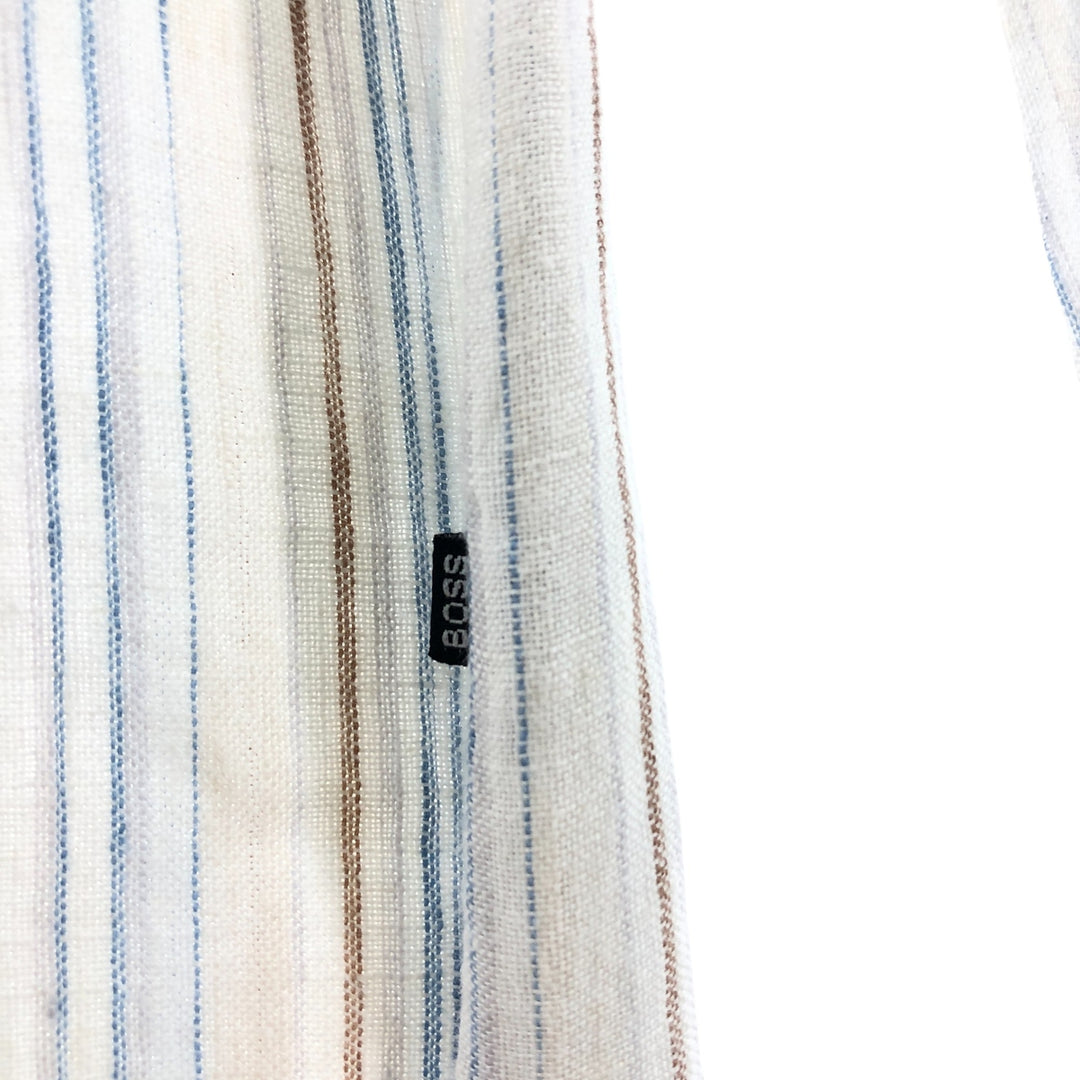 Hugo Boss HUGO BOSS Stripe Pattern Long Sleeve Linen Shirt Men's Size L linen beige type brown Vintage Second Hand