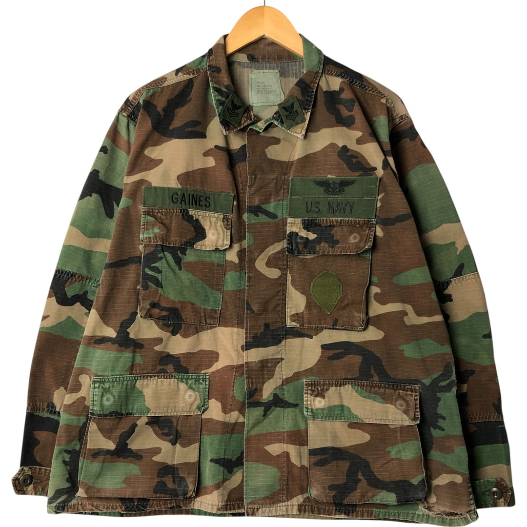 80'S Camouflage Pattern Woodland Camo Ripstop BDU Military Jacket Made in USA LARGE-SHORT Men's L equivalent cotton Khaki type Vintage Second Hand