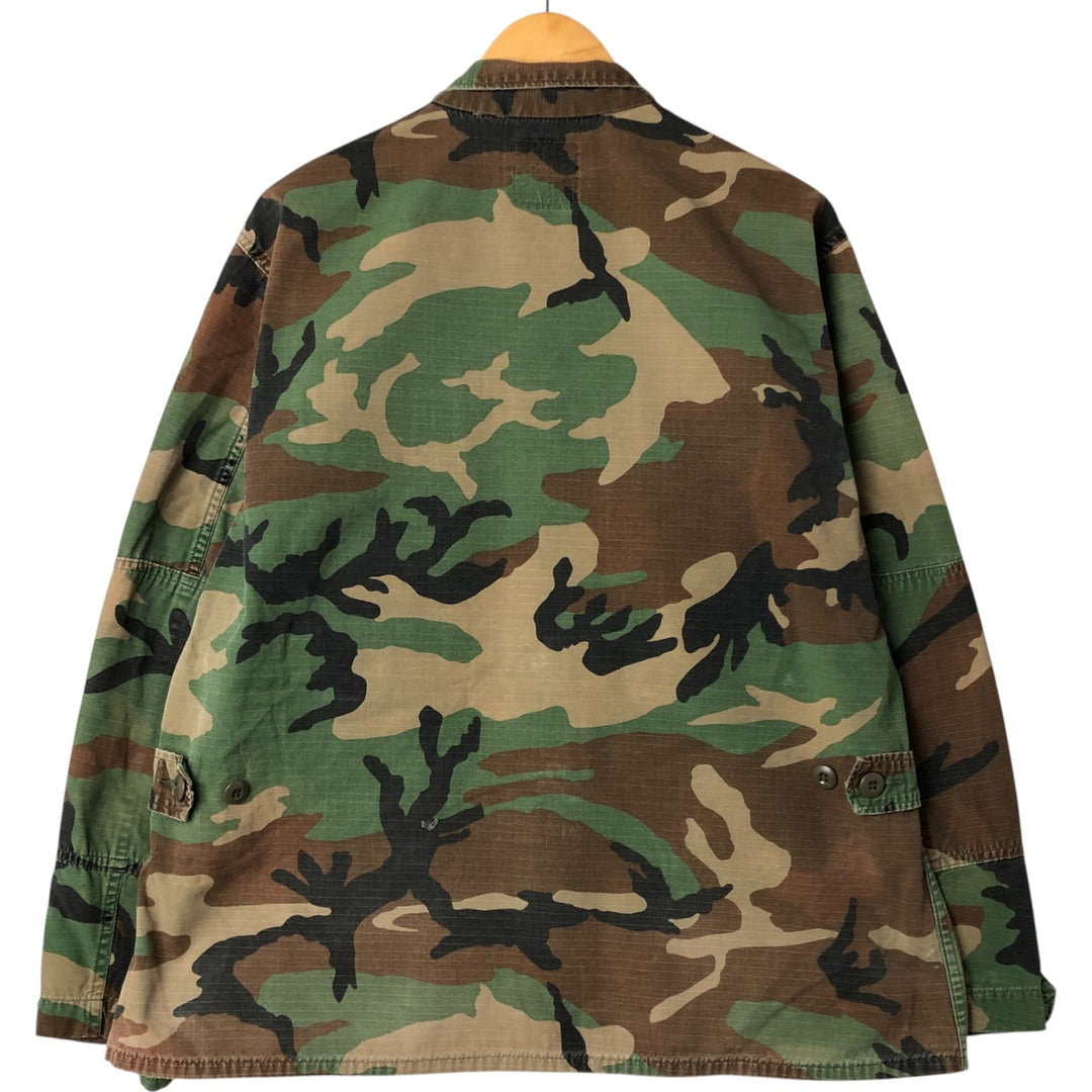 80'S Camouflage Pattern Woodland Camo Ripstop BDU Military Jacket Made in USA LARGE-SHORT Men's L equivalent cotton Khaki type Vintage Second Hand