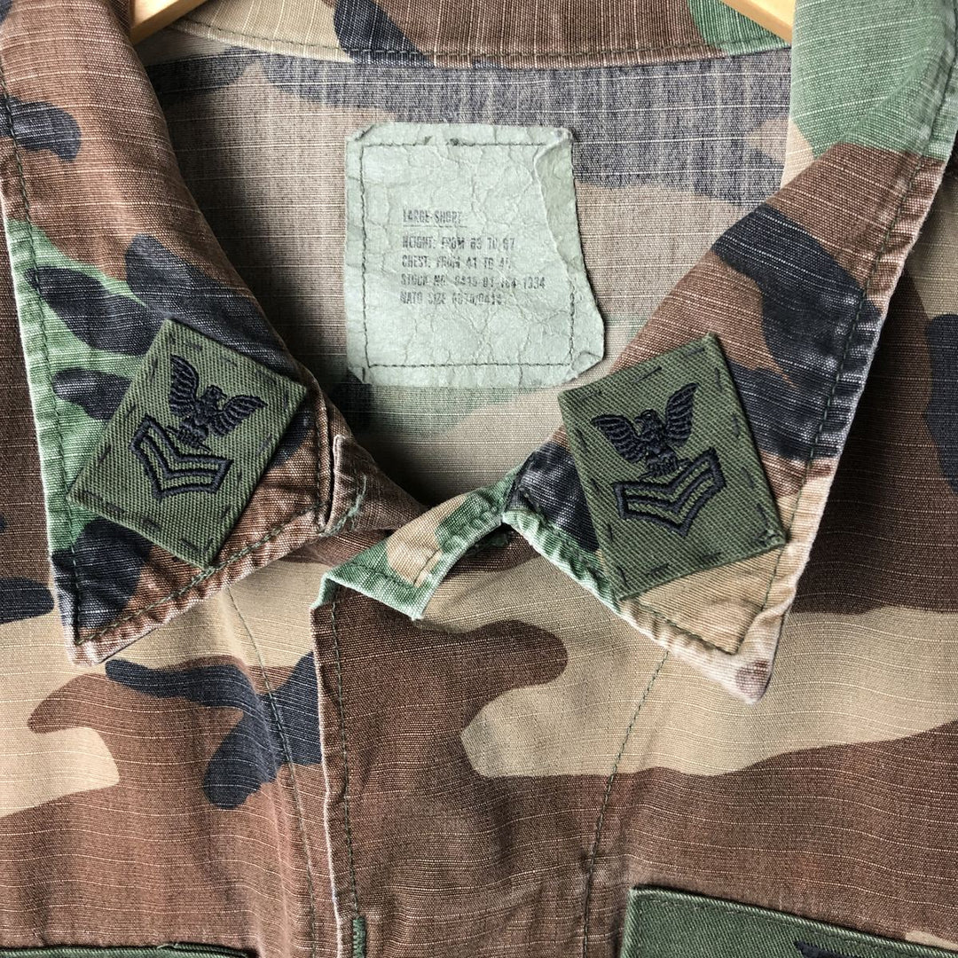 80'S Camouflage Pattern Woodland Camo Ripstop BDU Military Jacket Made in USA LARGE-SHORT Men's L equivalent cotton Khaki type Vintage Second Hand