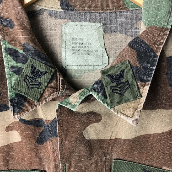 80'S Camouflage Pattern Woodland Camo Ripstop BDU Military Jacket Made in USA LARGE-SHORT Men's L equivalent cotton Khaki type Vintage Second Hand