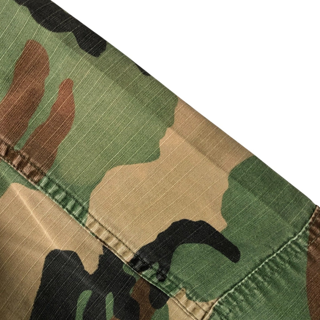 80'S Camouflage Pattern Woodland Camo Ripstop BDU Military Jacket Made in USA LARGE-SHORT Men's L equivalent cotton Khaki type Vintage Second Hand