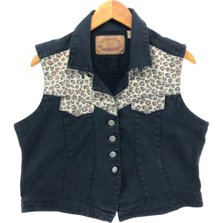 GORDON JAMES DENIM CO. Open collar leopard pattern denim vest for women, size L cotton black type Vintage Second Hand