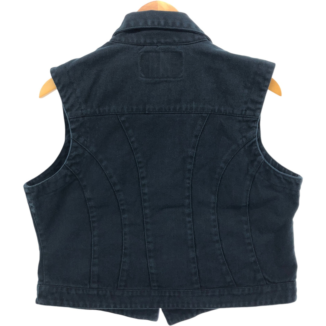 GORDON JAMES DENIM CO. Open collar leopard pattern denim vest for women, size L cotton black type Vintage Second Hand