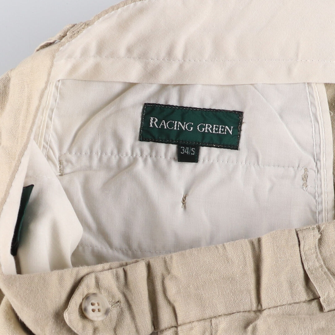 RACING GREEN One-tuck linen pants slacks for men, equivalent to w34 linen Beige type Vintage Second Hand